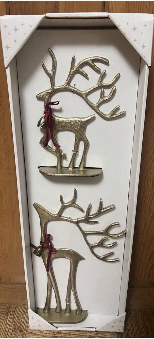 ALDI Merry Moments Gold Reindeer 2pc Sculpted Pottery Barn Dupe NEW In Box 2025